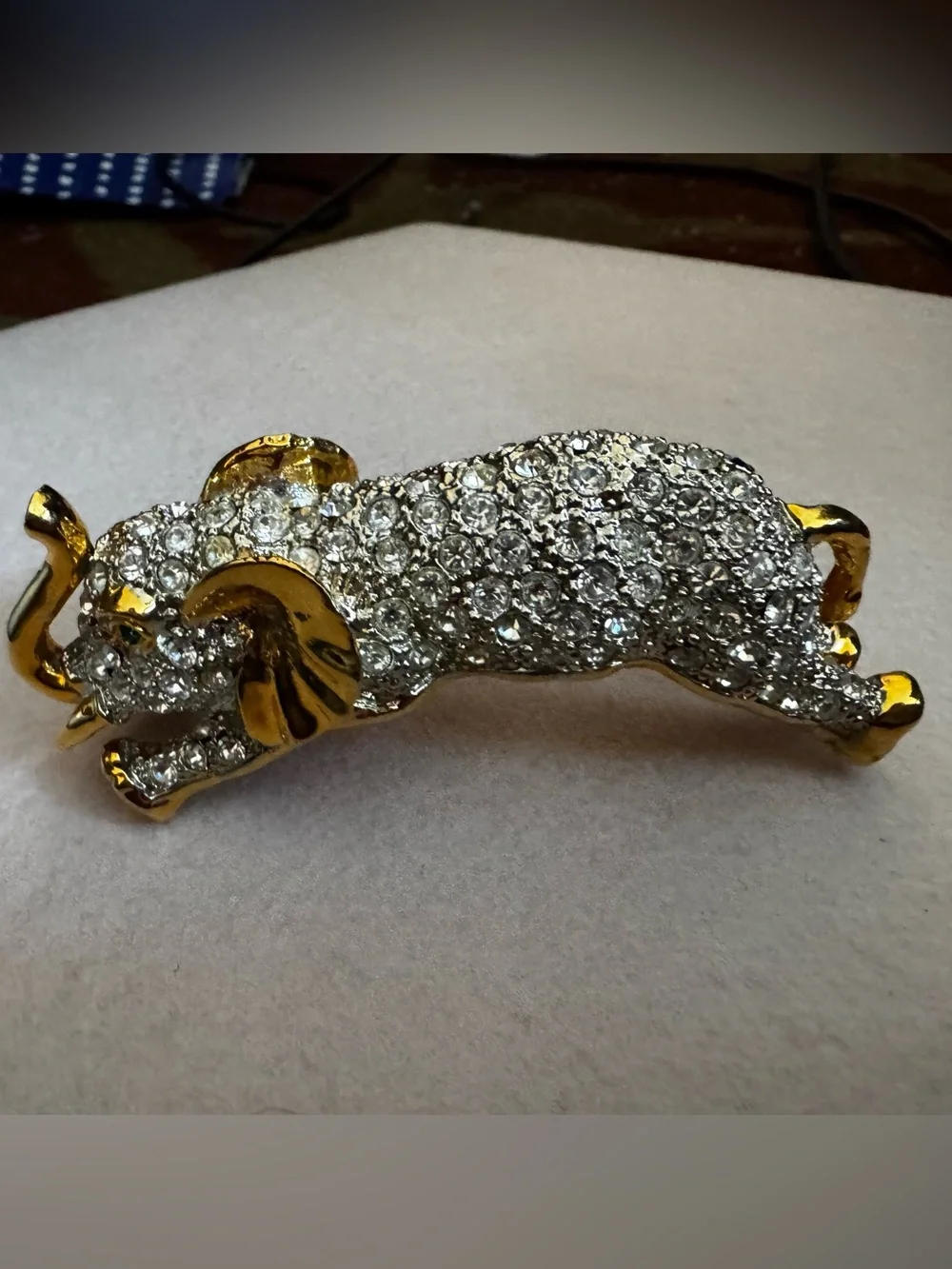 1980s Gold-Tone Large Elephant over the Shoulder Brooch with Clear Crystals